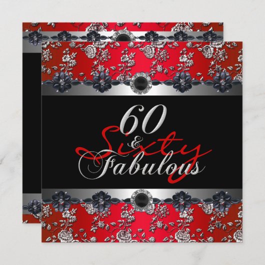 60 & Fabulous 60th Birthday Partyシルバーレッド 招待状 (正面/裏面)