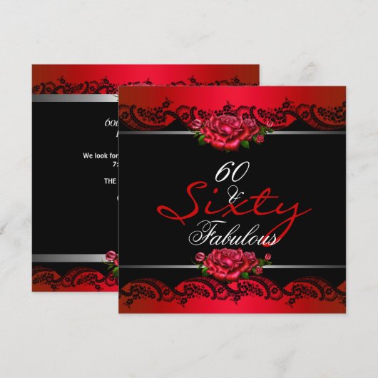60 & Fabulous 60th Birthday Party Red Roses 招待状 (正面/裏面)