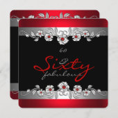 60 & Fabulous 60th Birthday Party Silver Red 2 招待状 (正面/裏面)