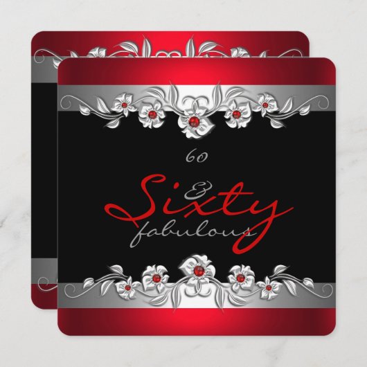 60 & Fabulous 60th Birthday Party Silver Red 2 招待状 (正面/裏面)