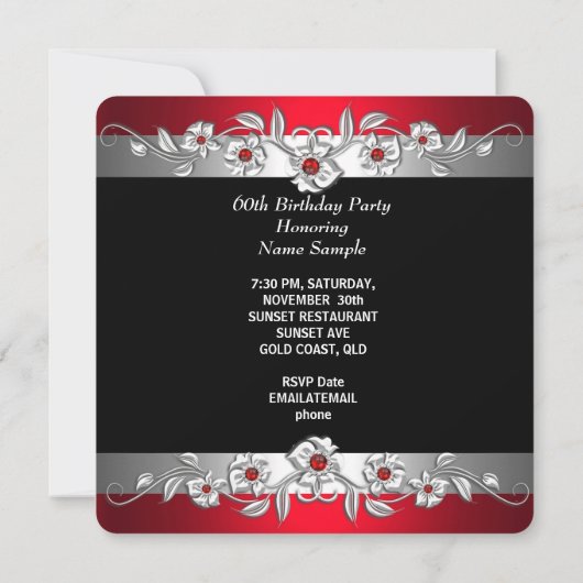 60 & Fabulous 60th Birthday Party Silver Red 2 招待状 (裏面)