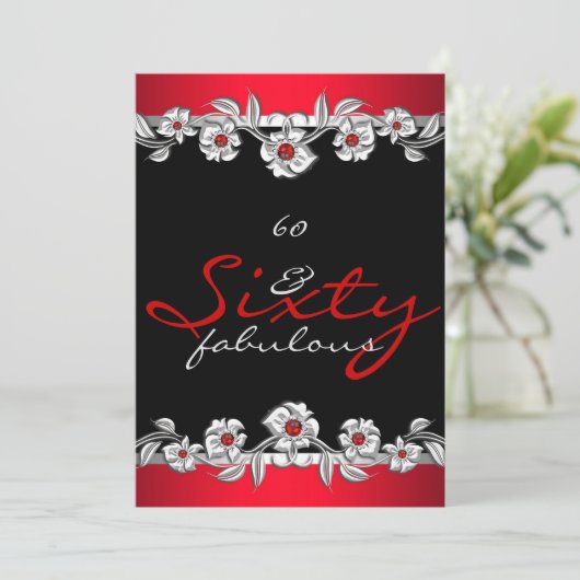 60 & Fabulous 60th Birthday Party Silver Red 2a 招待状 (スタンド正面)