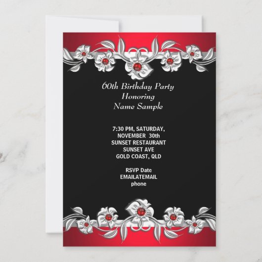 60 & Fabulous 60th Birthday Party Silver Red 2a 招待状 (裏面)