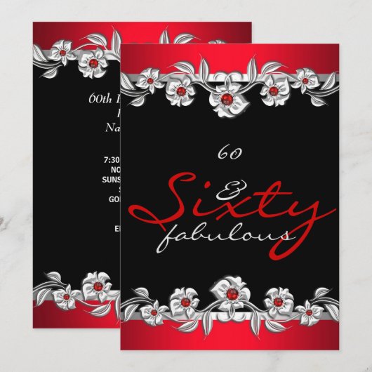 60 & Fabulous 60th Birthday Party Silver Red 2a 招待状 (正面/裏面)