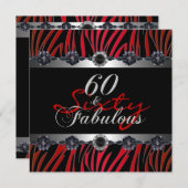 60 & Fabulous 60th Birthday Party Zebra Silver Red 招待状 (正面/裏面)