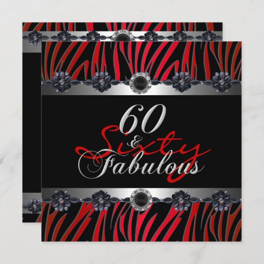 60 & Fabulous 60th Birthday Party Zebra Silver Red 招待状 (正面/裏面)