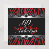 60 & Fabulous 60th Birthday Party Zebra Silver Red 招待状 (正面)