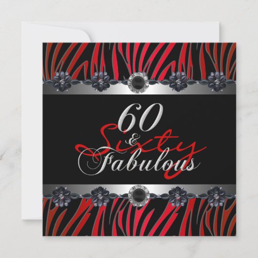 60 & Fabulous 60th Birthday Party Zebra Silver Red 招待状 (正面)