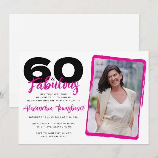 60 & Fabulous Bold Girly Photo 60th Birthday 招待状 (正面/裏面)