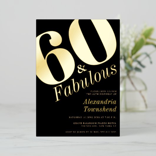 60 & Fabulous Bold Gold 60th Birthday Invitation 箔招待状 (立ち正面)