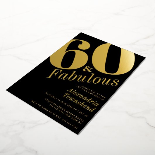 60 & Fabulous Bold Gold 60th Birthday Invitation 箔招待状 (回転した状態)