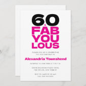 60 & Fabulous Bold Pink Typography 60th Birthday 招待状 (正面/裏面)