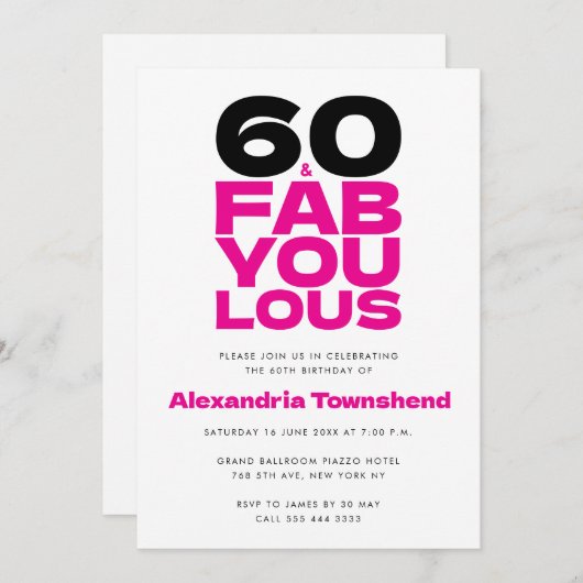 60 & Fabulous Bold Pink Typography 60th Birthday 招待状 (正面/裏面)