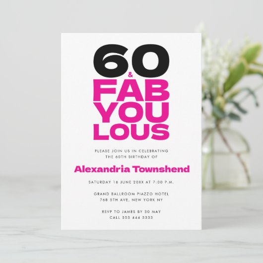 60 & Fabulous Bold Pink Typography 60th Birthday 招待状 (スタンド正面)