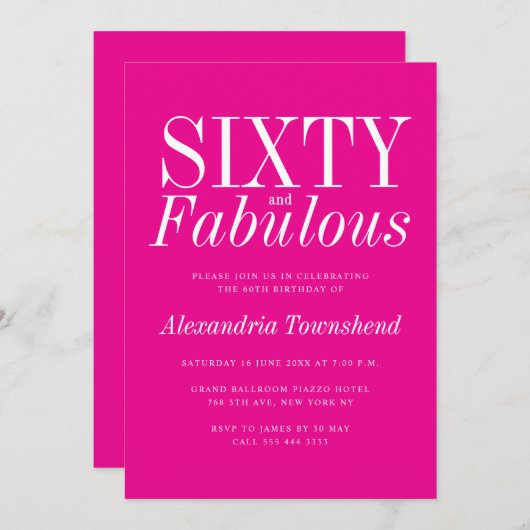 60 & Fabulous Chic Hot Pink 60th Birthday 招待状 (正面/裏面)