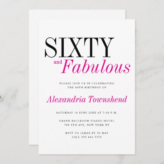 60 & Fabulous Modern Pink Typography 60th Birthday 招待状 (正面/裏面)