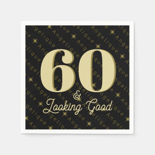60 & Looking Good金ゴールド誕生日 スタンダードカクテルナプキン (正面)