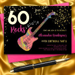 60 Rocks 60th Birthday Partyピンク金ゴールド 箔招待状<br><div class="desc">60 Rocksこのロッククールミュージックをテーマにした60thバースデーパーティー明るいピンク、黒モダンと金ゴールドのグリッター招待。黒い背景にサイケデリック金ゴールドグリッターとミュージカルノートイラストと金ゴールド書パーソナライズされた跡タイポグラフィを持つロックとロールのピンクのカラフル電気ギター。この簡単はテンプレートを使用するパーソナライズされたために祝は、ロックスタースタイルで60への完璧な招待を作成する。Perfect もし you have a live music band or are a guitarist,  ミュージシャン,  music lover.ミュージカルユニーク楽器オリジナルのアートワークby artist Catherine Sweetman</div>