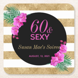 60 & Sexyブラック金ゴールド60thバースデーパーティー スクエアペーパーコースター