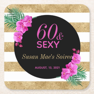60 & Sexyブラック金ゴールド60thバースデーパーティー スクエアペーパーコースター