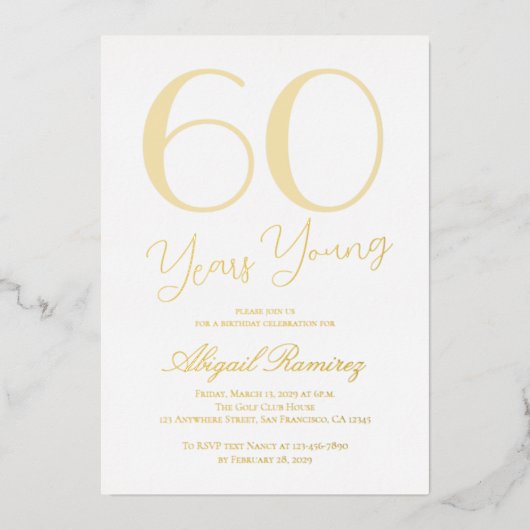60 Years Young Birthday Party White & Gold Luxury 箔招待状 (正面)