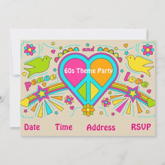 60sテーマのフラワーパワーの腰回りが大きなパーティー 招待状 (正面)