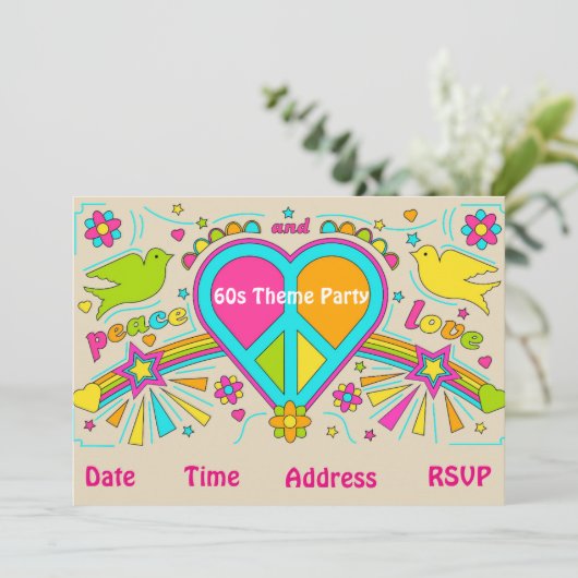 60sテーマのフラワーパワーの腰回りが大きなパーティー 招待状 (スタンド正面)