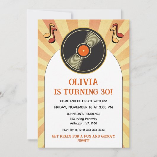 60sレトロGroovy大人の誕生日パーティー任意の年齢 招待状 (正面)