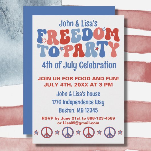 60sレトロGroovy 4th of 7月Freedomパーティー 招待状