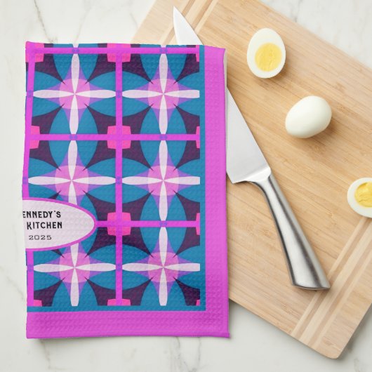 60s抽象芸術ピンクブルーフローラ万華鏡のように千変万化するパターンデザイン キッチンタオル (四つ折り)