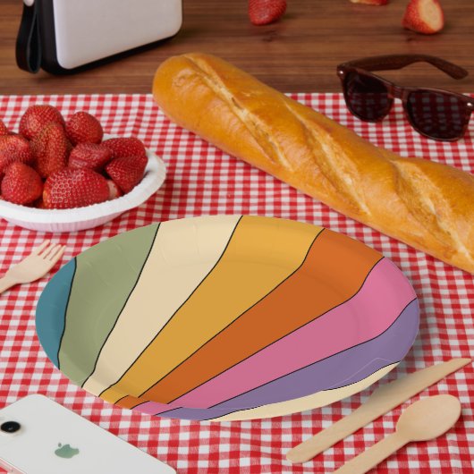 60s 70sレトロストライプ ペーパープレート (ピクニック)