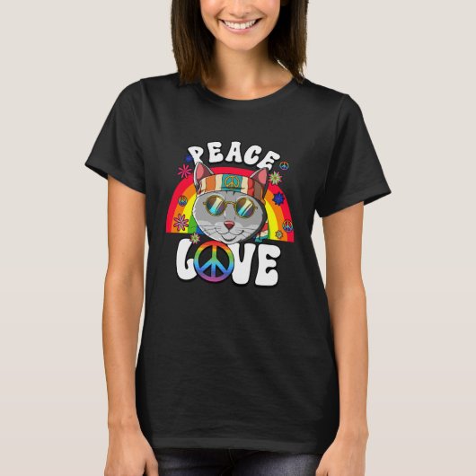 60s 70s Costume Peace Love Hippie Cat Tシャツ (正面)