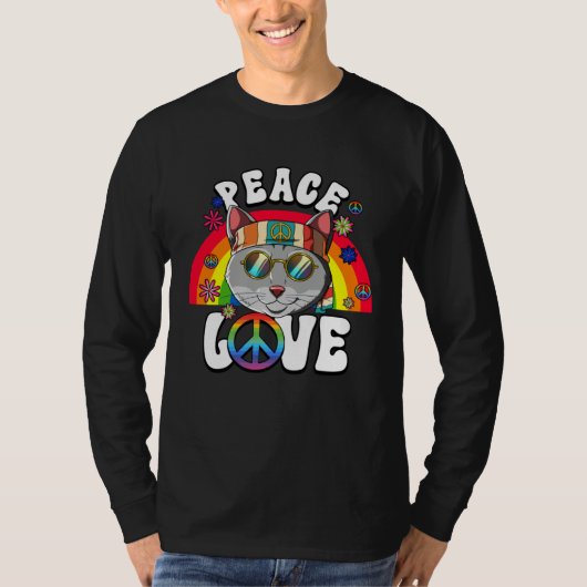 60s 70s Costume Peace Love Hippie Cat Tシャツ (正面)
