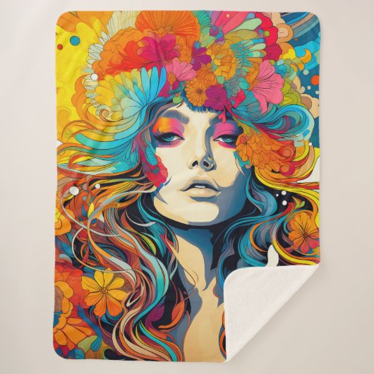 60s 70s Hippy Woman Psychedelic Hippie シェルパブランケット (正面)