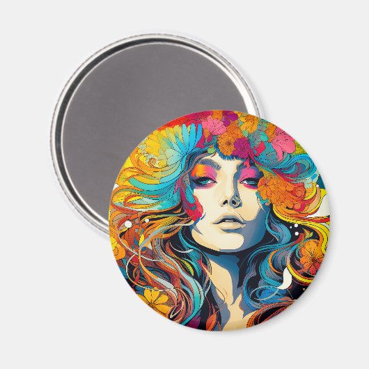 60s 70s Hippy Woman Psychedelic Hippie マグネット (正面/裏面)