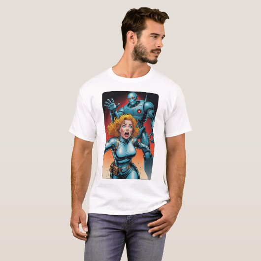 60s Comic Style Woman running from Alien Robot Tシャツ (正面フル)