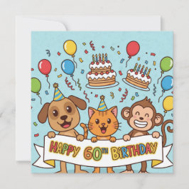 60thおもしろい誕生日パーティーバナー（動物カード付き） カード