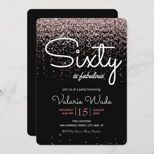 60thは素晴らしい誕生日パーティーピンクグリッター 招待状 (正面/裏面)