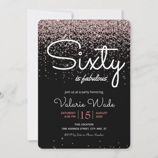 60thは素晴らしい誕生日パーティーピンクグリッター 招待状 (正面)