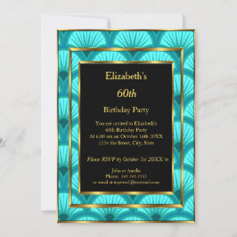 60thアールデコバースデーパーティーティール（緑がかった色）ブルーブラック 招待状