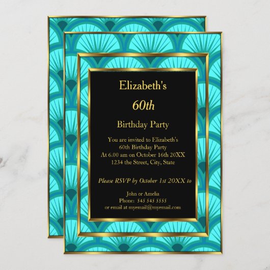 60thアールデコバースデーパーティーティール(緑がかった色)ブルーブラック 招待状 (正面/裏面)