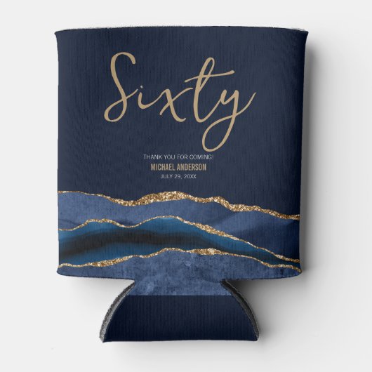 60thエレガントバースデーパーティーブルー金ゴールドアゲート 缶クーラー (正面)