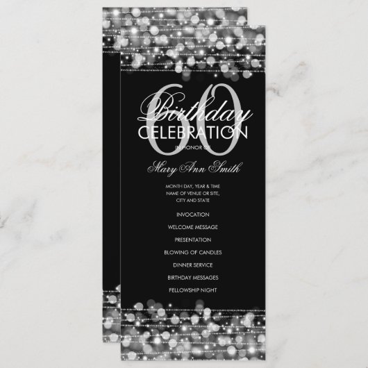 60thエレガントバースデーパーティープログラムシルバー（メニュー付） 招待状 (正面/裏面)