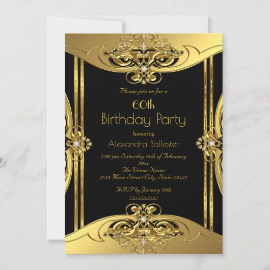 60thエレガントバースデーパーティー写真金ゴールドブラック 招待状 (正面)