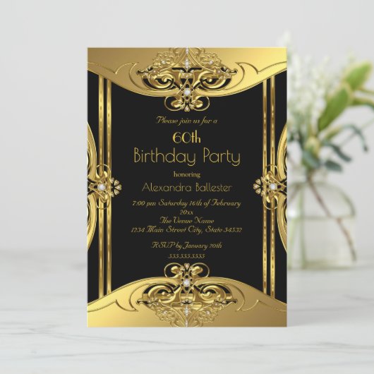 60thエレガントバースデーパーティー写真金ゴールドブラック 招待状 (スタンド正面)
