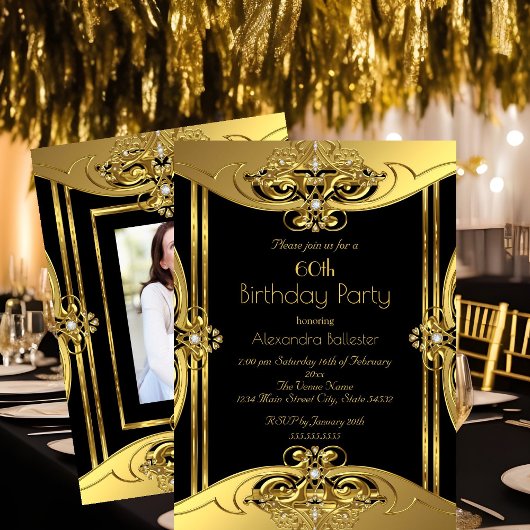 60thエレガントバースデーパーティー写真金ゴールドブラック 招待状