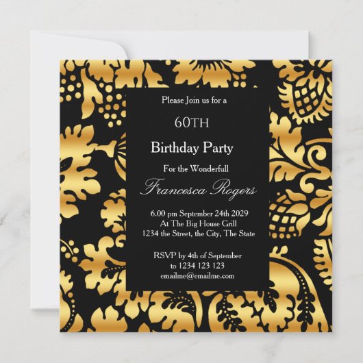 60thエレガントバースデーパーティー金ゴールドブラック 招待状 (正面)