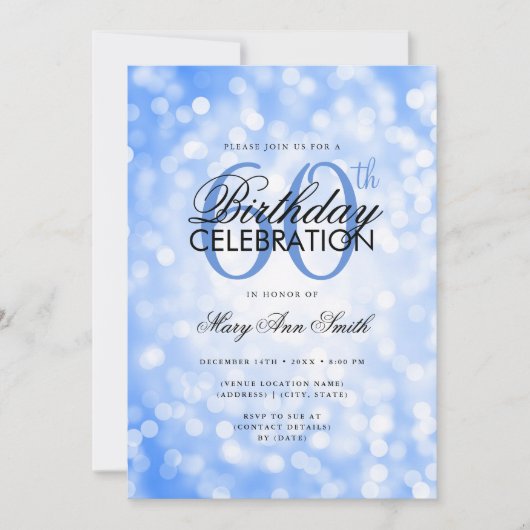 60thエレガント誕生日グラムネイビーブルーきらめくライト 招待状 (正面)