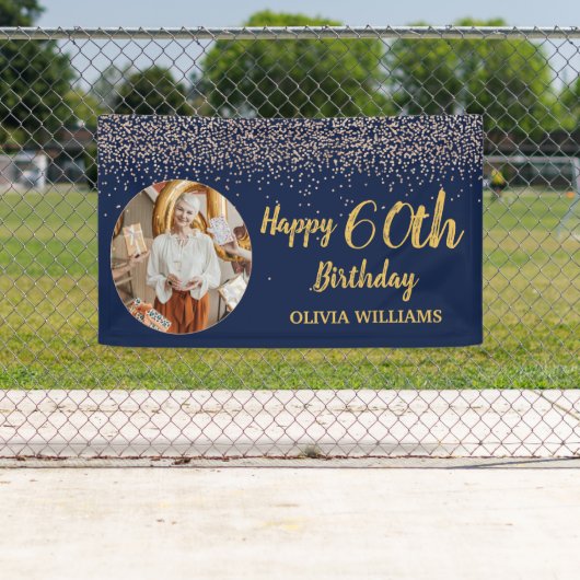 60thエレガント誕生日ネイビーブルー金ゴールドグリッター 横断幕 (インサイチュ)
