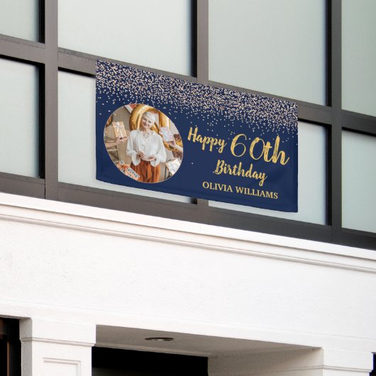 60thエレガント誕生日ネイビーブルー金ゴールドグリッター 横断幕 (ビルの外側)